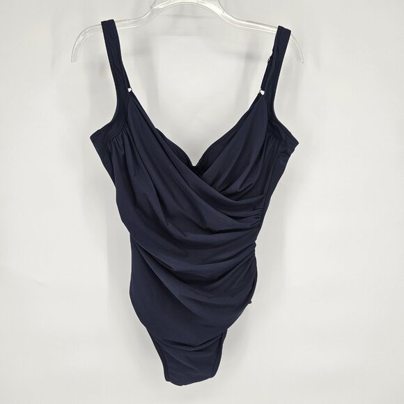 Miraclesuit Swimsuit Womens 12 Navy Blue One Piece Draped V Neck Tummy Control - Picture 1 of 16